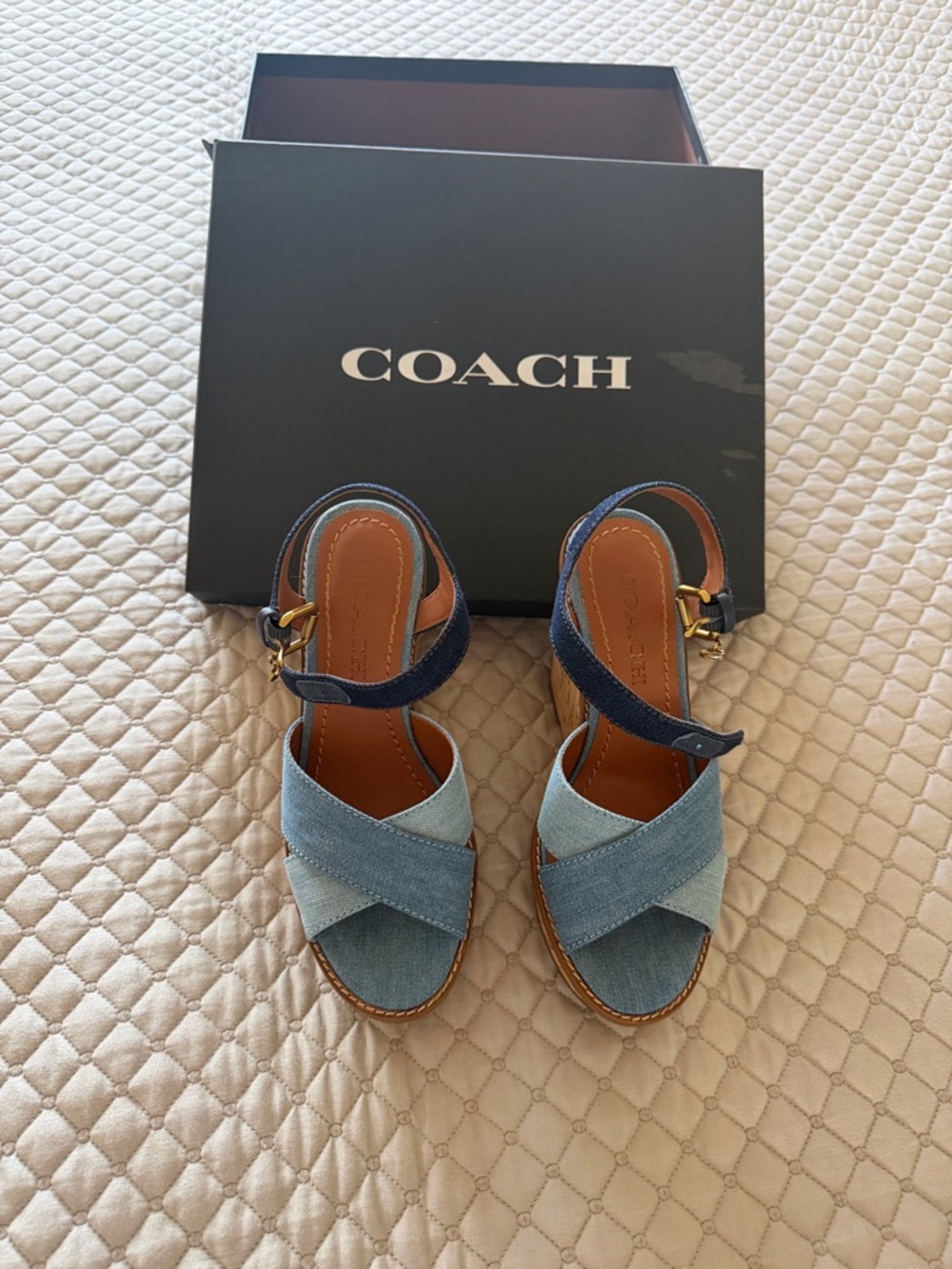 COACH Two-Tone Denim Crisscross Sandals in Light and Dark Blue
